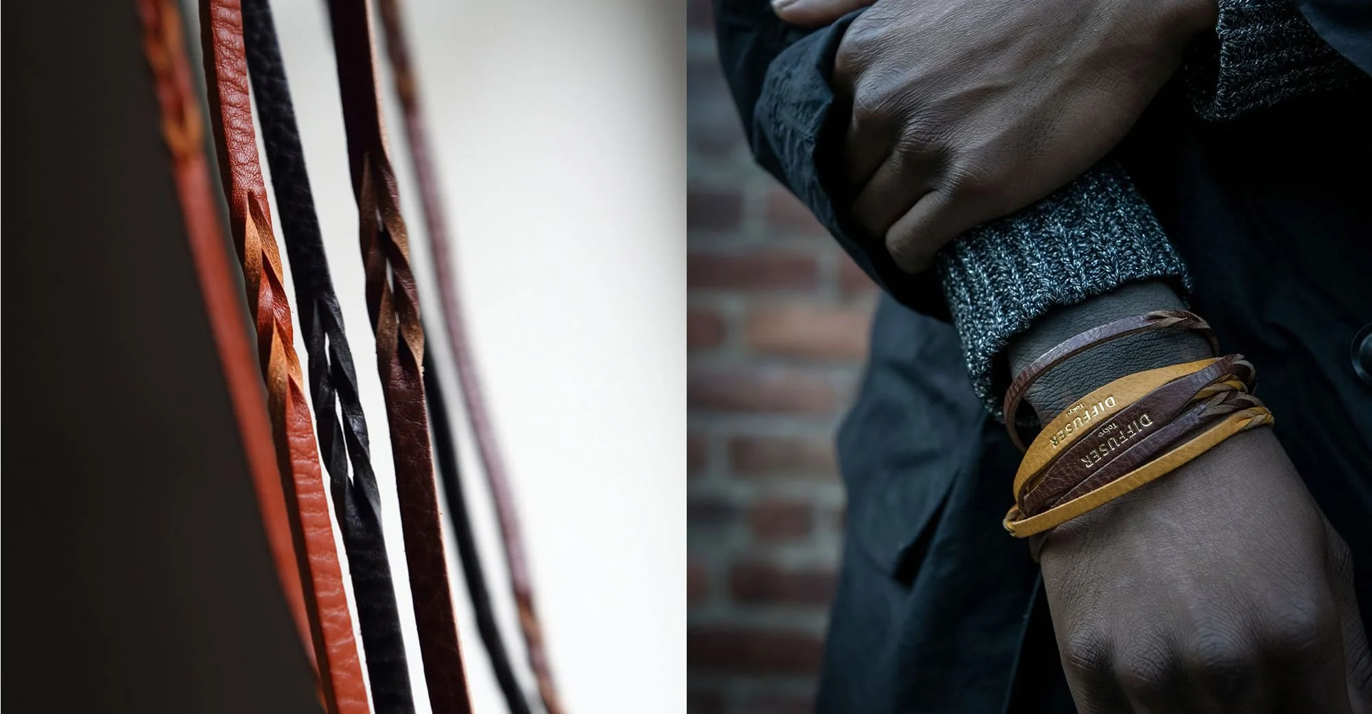 Twisted leather soft bracelet cord - black / brown - Image 3